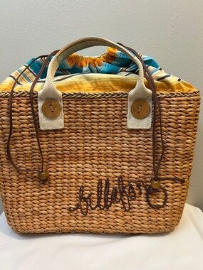 Billabong Woven Straw Tote with Yellow & Teal Striped Lining